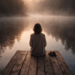 lady sitting on dock in a lake with feet in water observing the silence