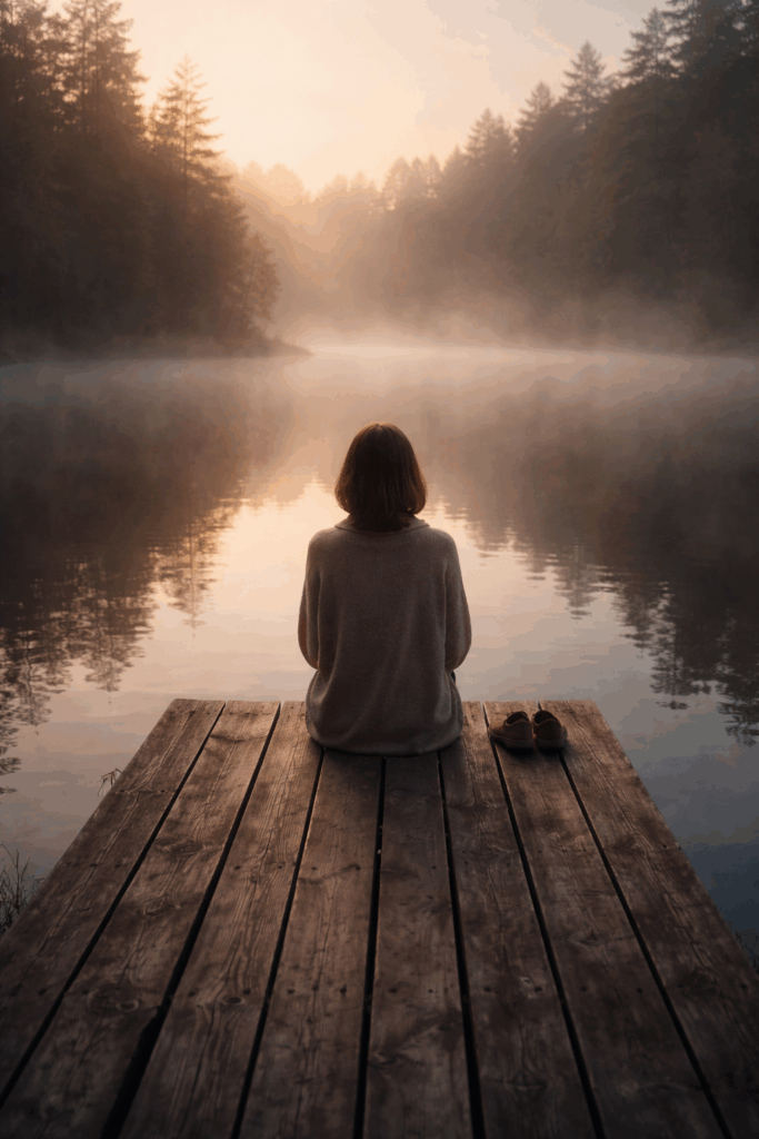 lady sitting on dock in a lake with feet in water observing the silence