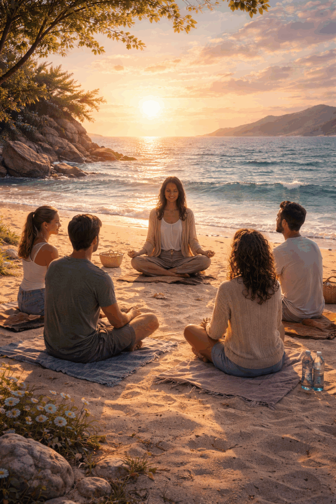 group of men and women sitting in sand meditating by ocean