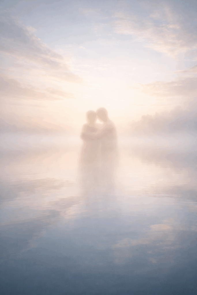 two people embracing in a foggy mist
