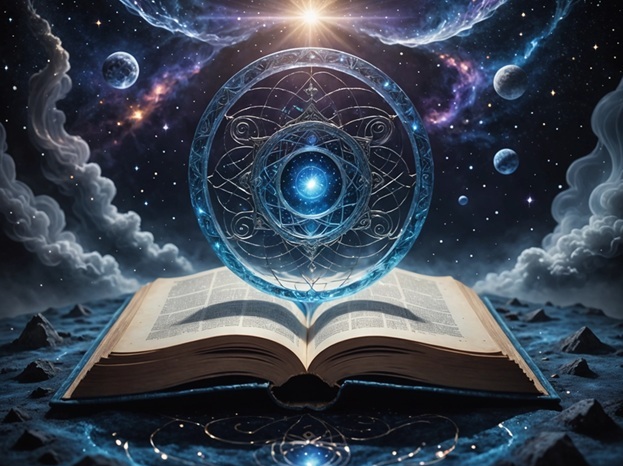 sacred writings book with mystical symbol above