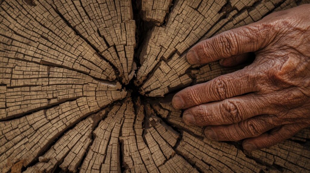 tree rings, weathered stone, or hands showing age and texture.