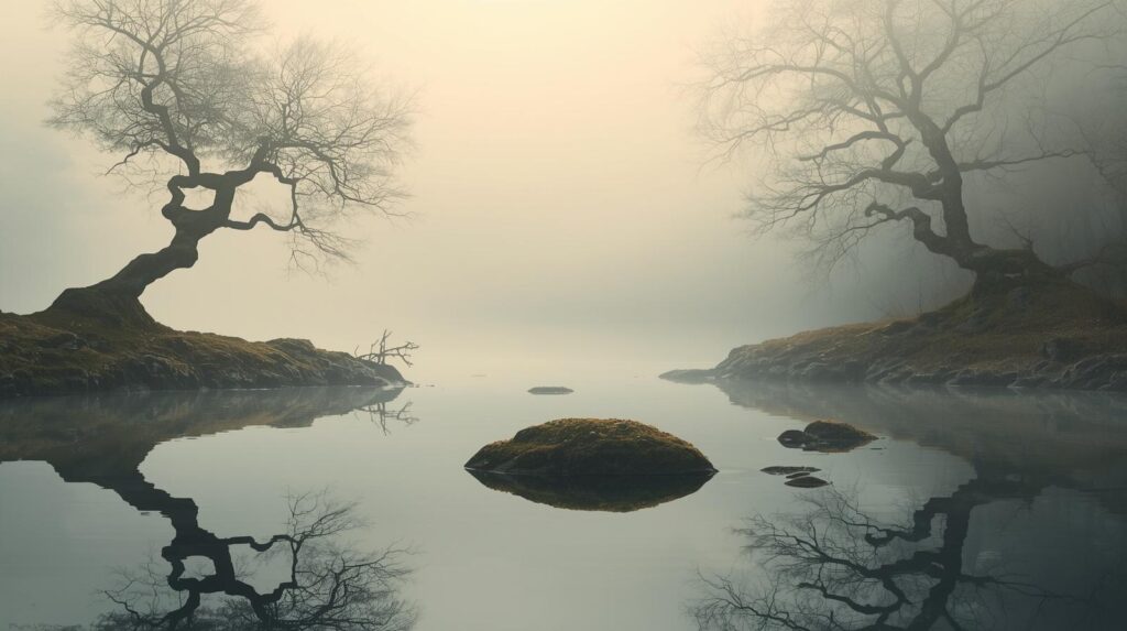 nature inspired setting symbolizing stillness and presence, suitable for a spiritual blog header.