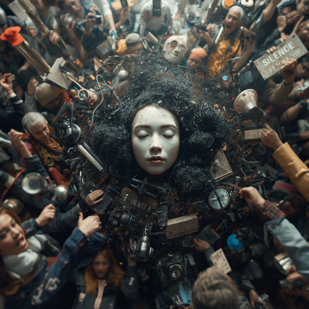 silence in noise, scene showing the hustle and bustle of daily life