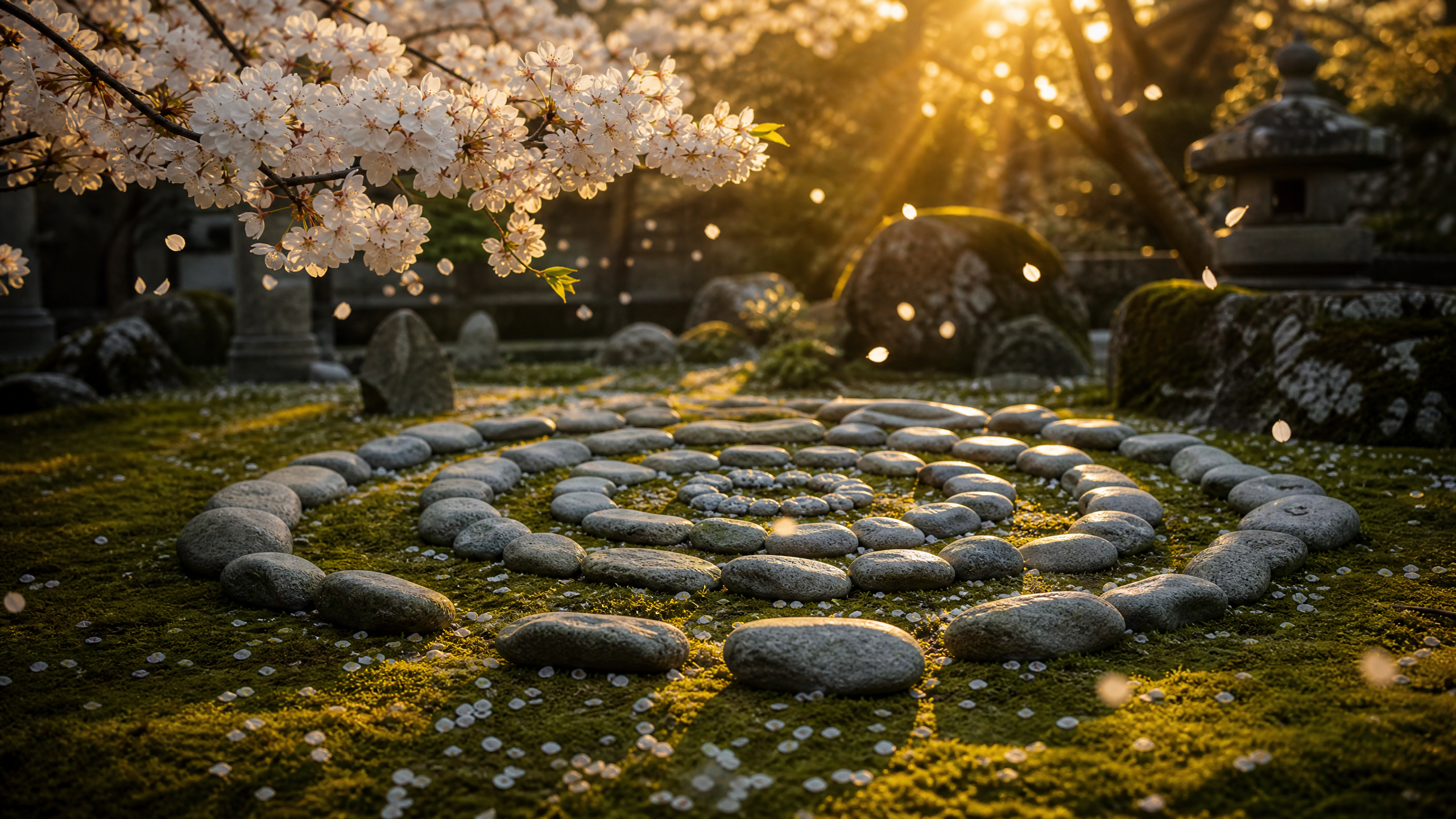 Peaceful stone meditation garden at golden hour